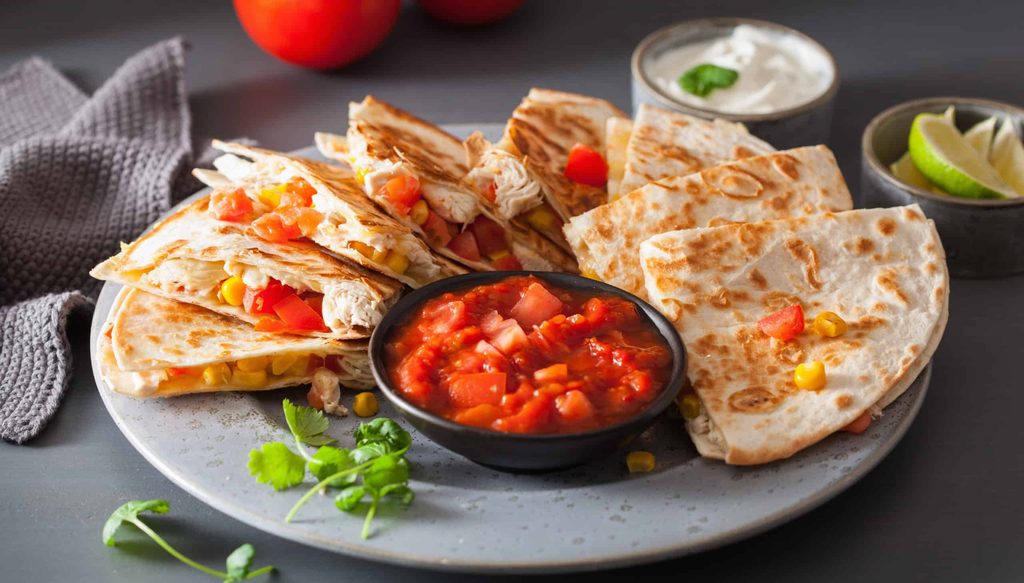 mexican quesadilla with chicken tomato corn cheese