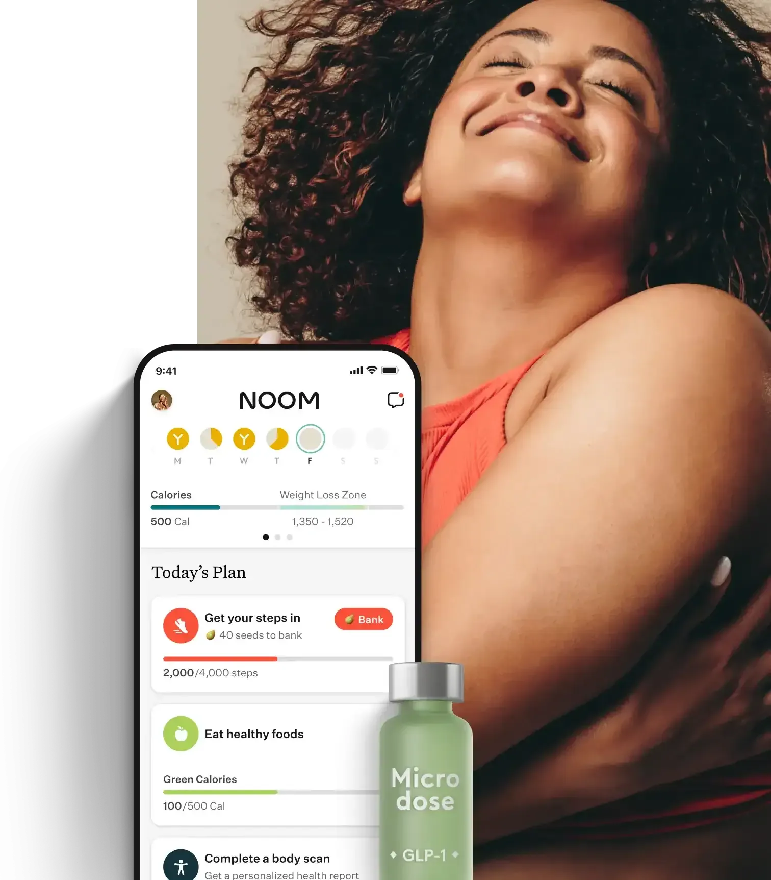 woman smiling with a noom vial, orange pill, and the noom app </p>
<p>